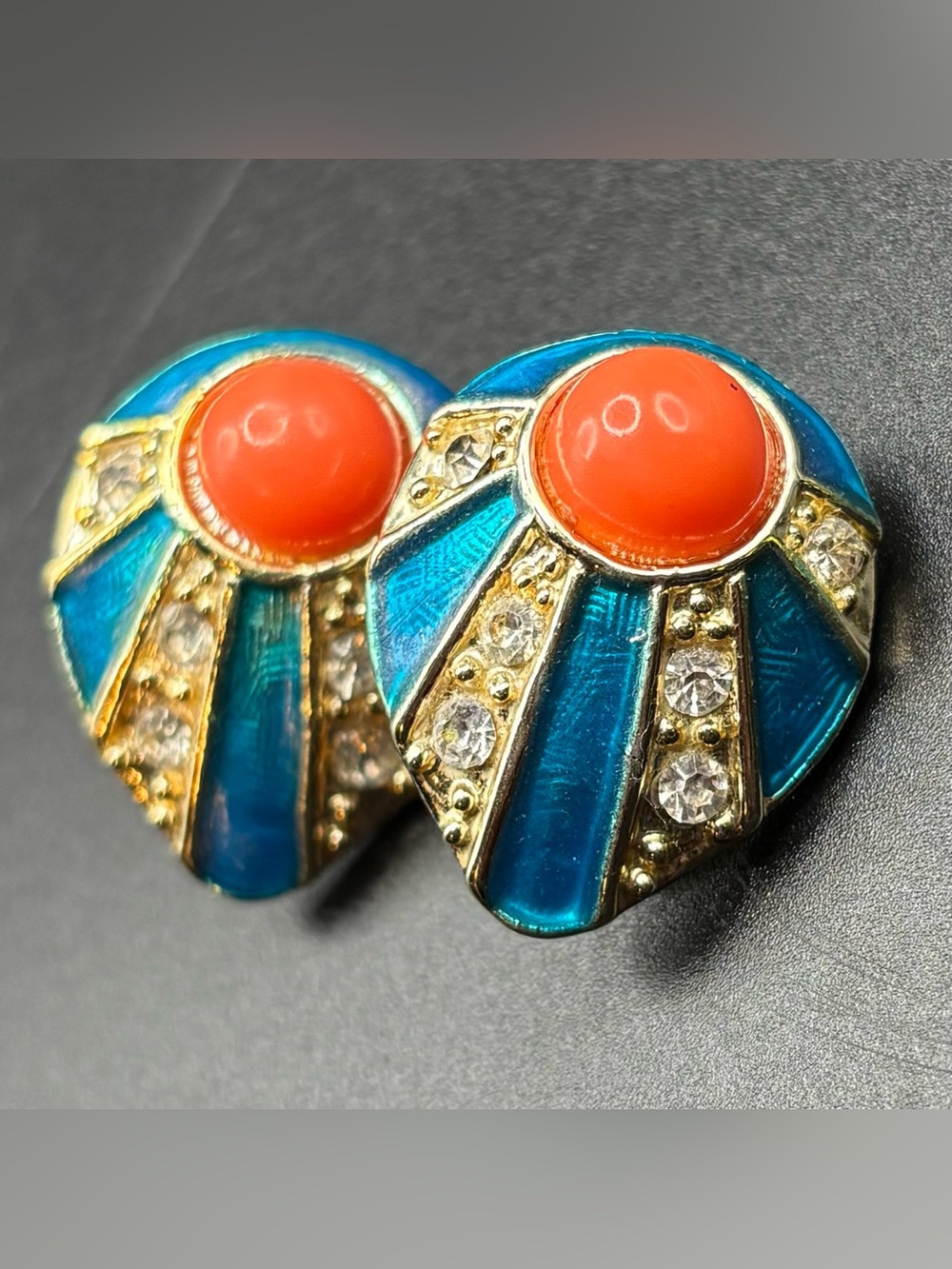 Vintage 80s Art Deco Fan Clip On Earrings Coral Blue Enamel Rhinestone Gold Tone